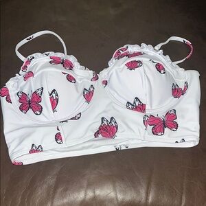 Bikini Top Bustier White and Pink Butterfly Bralette size Large